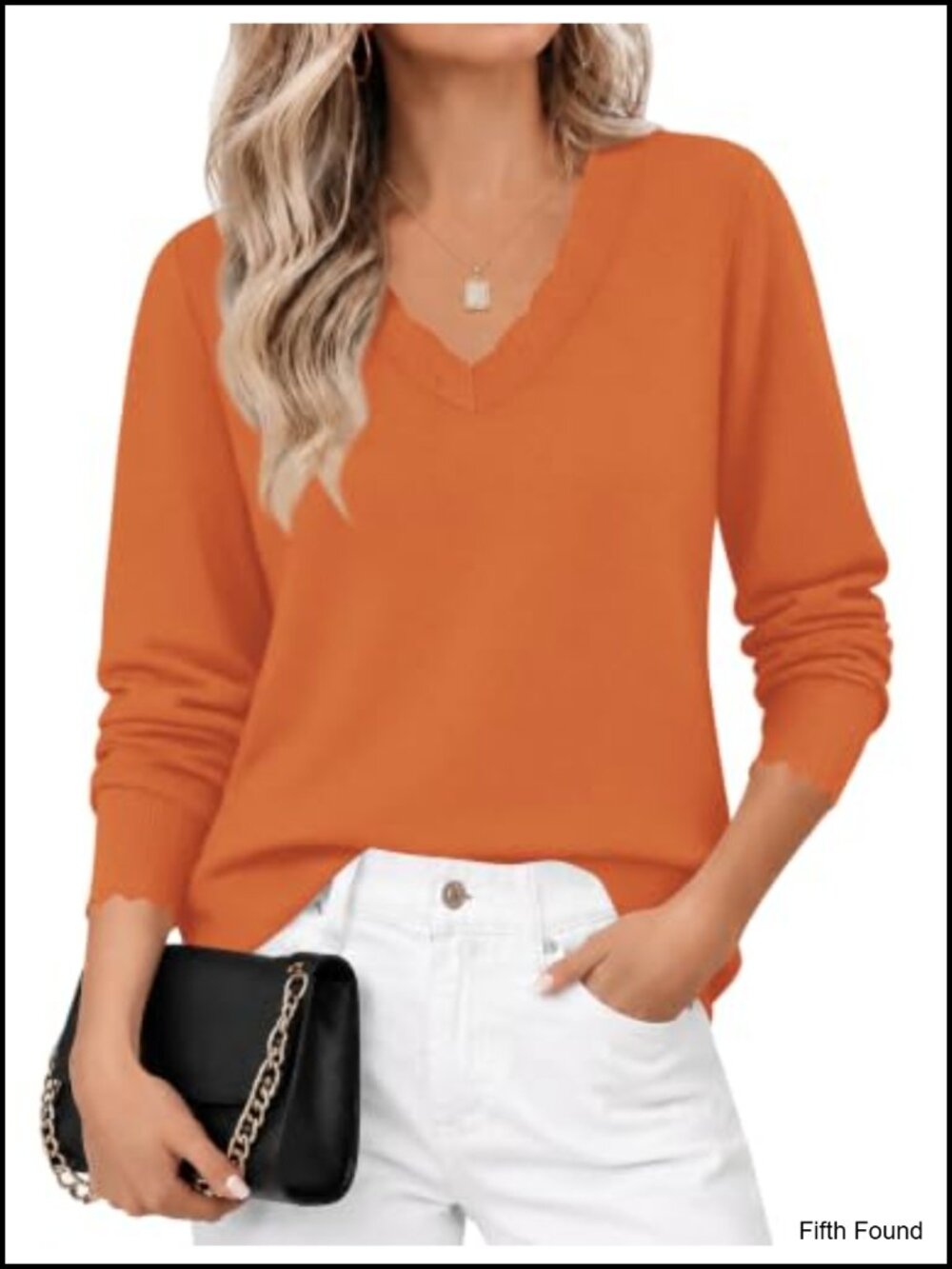 Women's Scalloped V Neck Sweater Long Sleeve Ribbed Knit Pullover Top